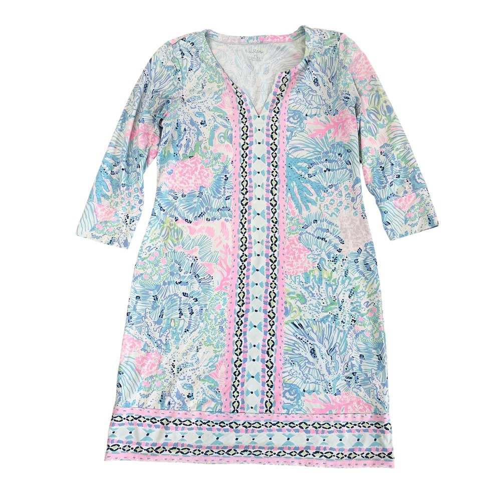 Lilly Pulitzer Nadine UPF 50+ Tunic Dress Blue Pink Sink or Swim Print MEDIUM